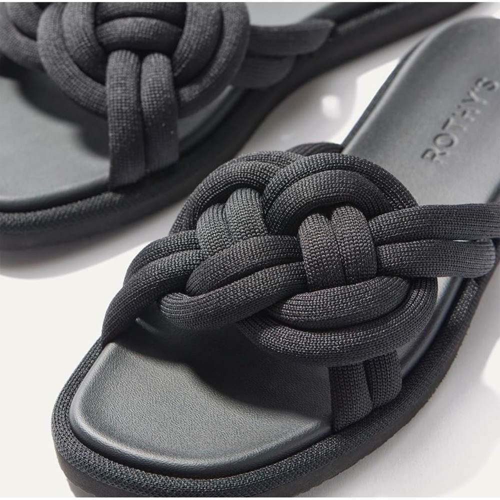 Rothys The Knot Slide Sandals Black Braided Straps Womens Size 8.5